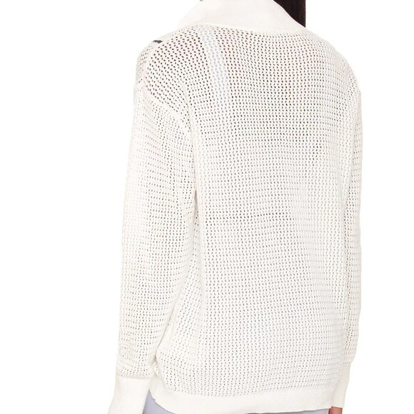 Varley Calva Knit Polo Sweater - White and Navy V-Neck Sweater with GoldHalf-Zip - Picture 2 of 7